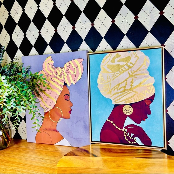 Large Portrait Art Set – Two Elegant Women Headwraps Gold Accents - 20” & 18” - Picture 3 of 14